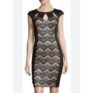 JAX Black and Beige Lace Illusion Sheath Cocktail Dress Size 4